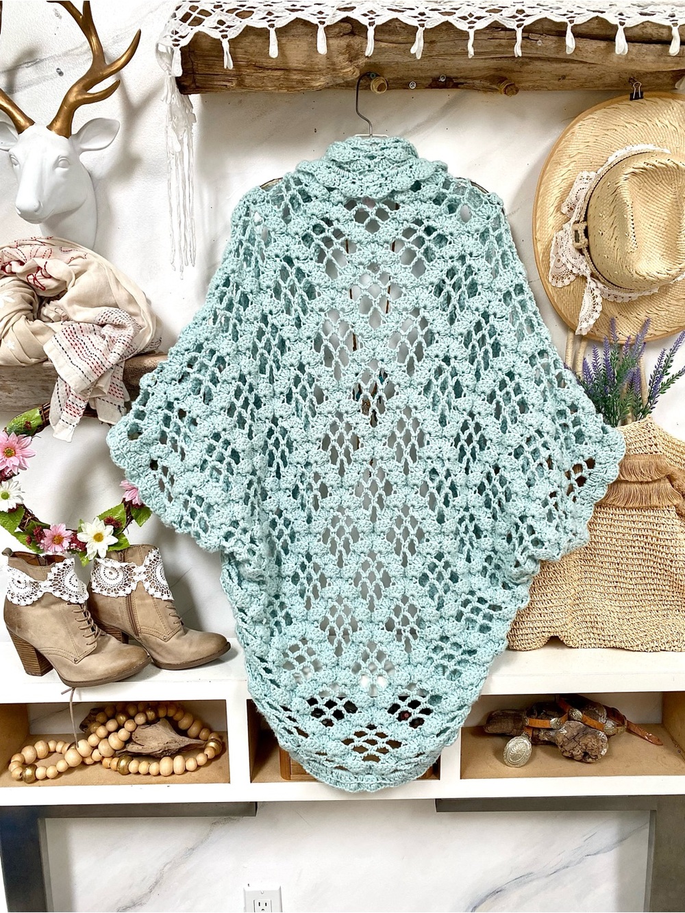Artisan Mint crochet dream cocoon shrug cover up w cottagecore farmhouse vibe